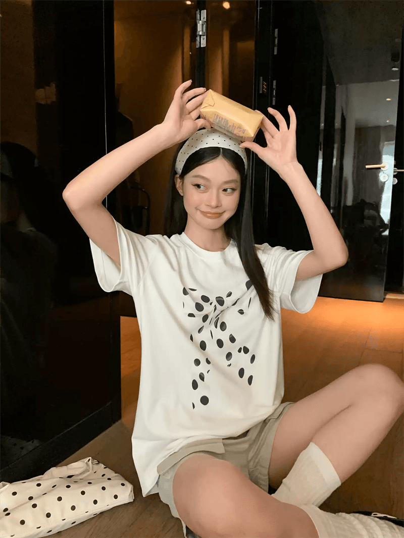 여름 드레스 한 부서 반팔 티셔츠 여성 한국 스타일 루즈핏 빅 사이즈 프린트 이미지 3