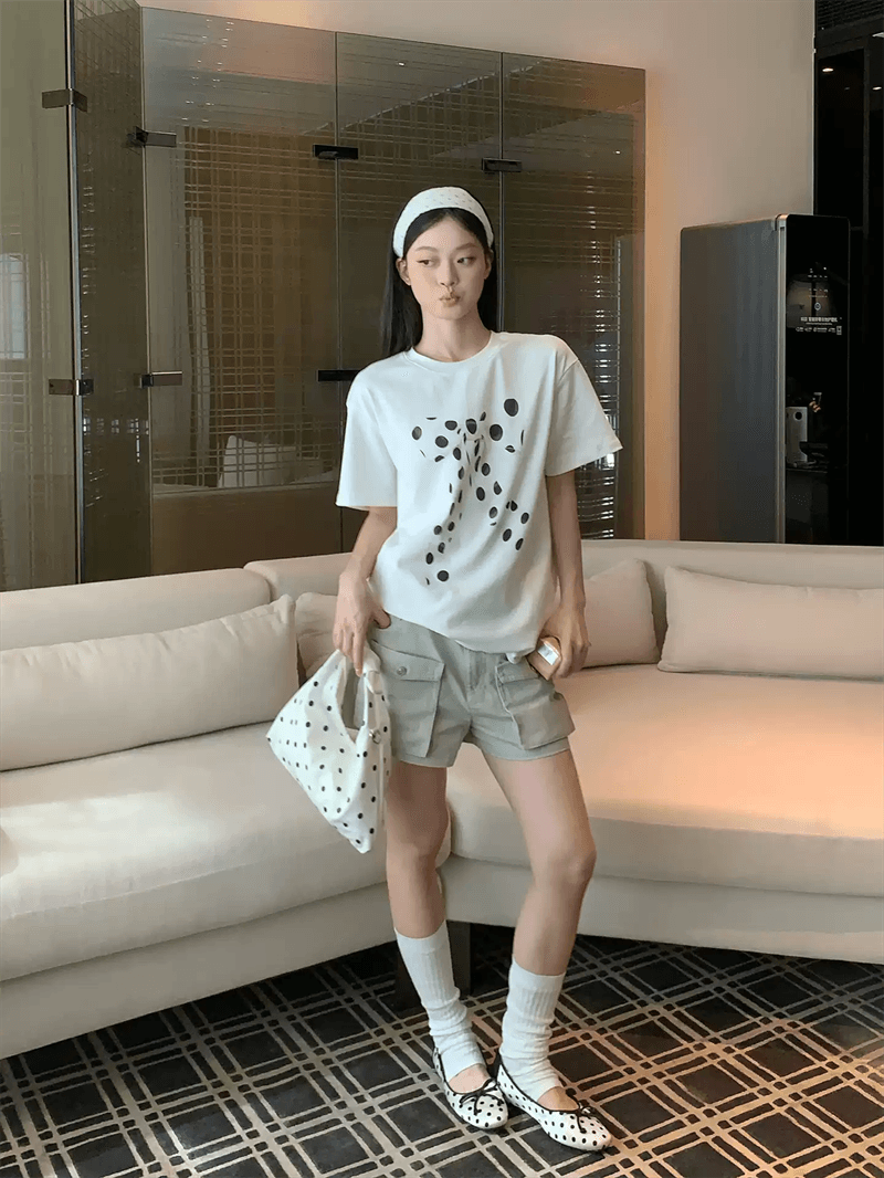 여름 드레스 한 부서 반팔 티셔츠 여성 한국 스타일 루즈핏 빅 사이즈 프린트 상세 이미지 6