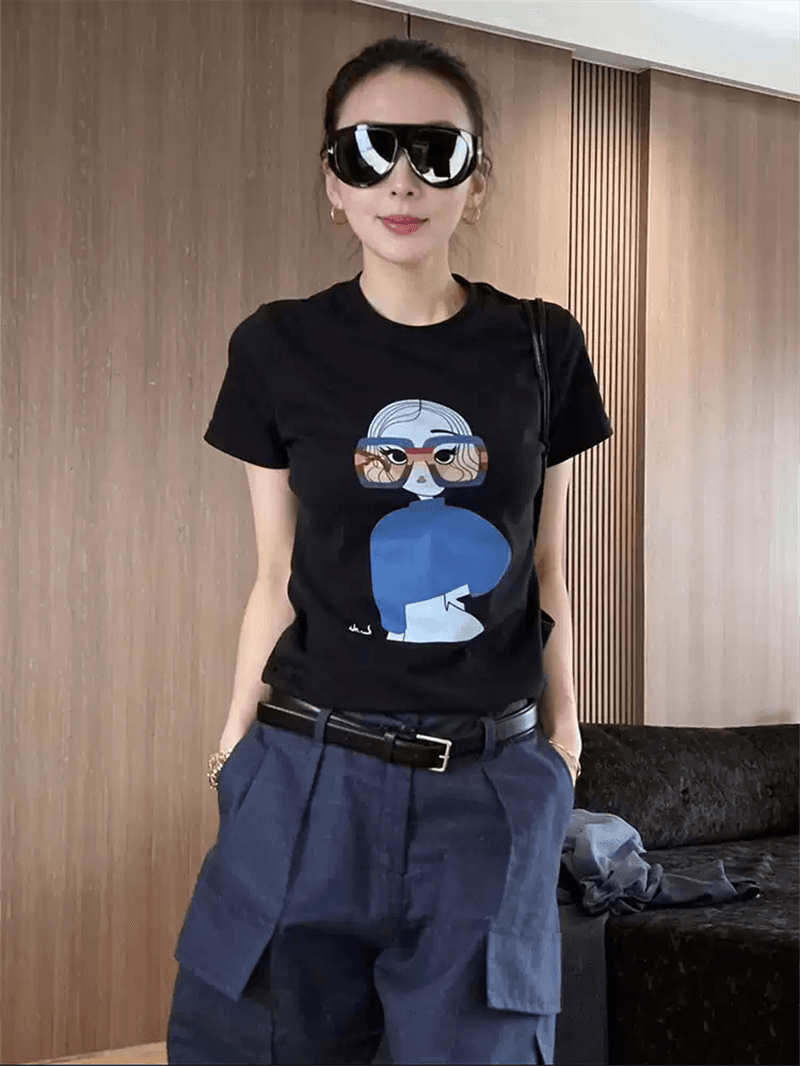 경관 그림 정가 40 순면 220 그램 92 면 8 암모니아 Lun 긍정적 인 어깨 반팔 티셔츠 여성 프린트 상세 이미지 3