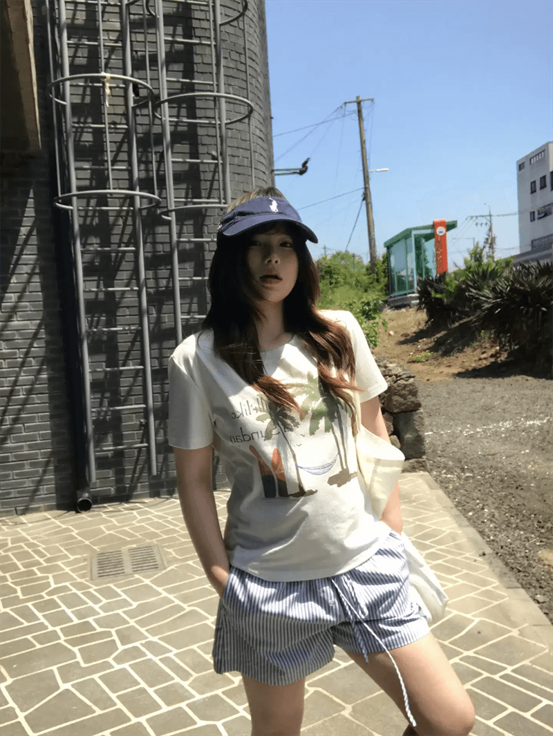 경관 그림 40 순면 220 그램 92 면 8 암모니아 Lun 긍정적 인 어깨 반팔 티셔츠 여성 프린트 이미지 3