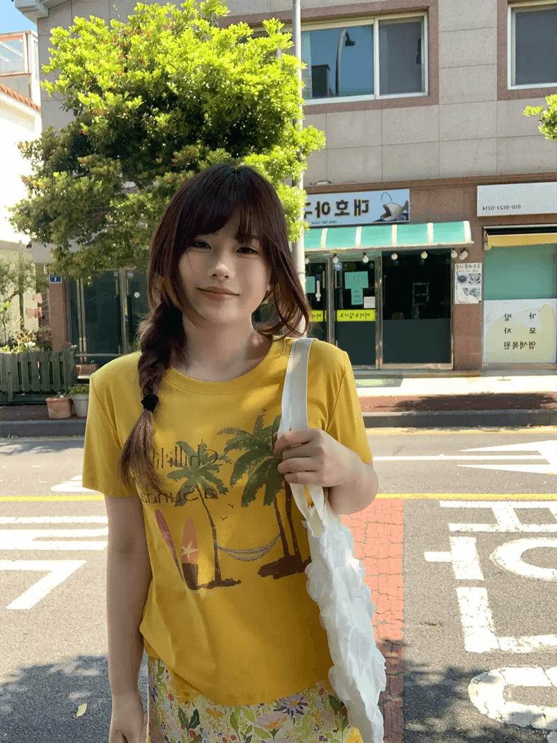 경관 그림 40 순면 220 그램 92 면 8 암모니아 Lun 긍정적 인 어깨 반팔 티셔츠 여성 프린트 이미지 4