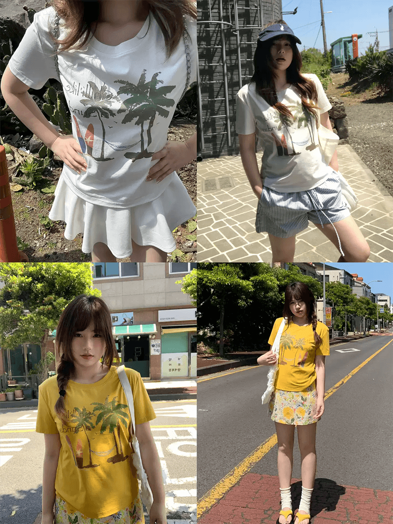 경관 그림 40 순면 220 그램 92 면 8 암모니아 Lun 긍정적 인 어깨 반팔 티셔츠 여성 프린트 상세 이미지 2