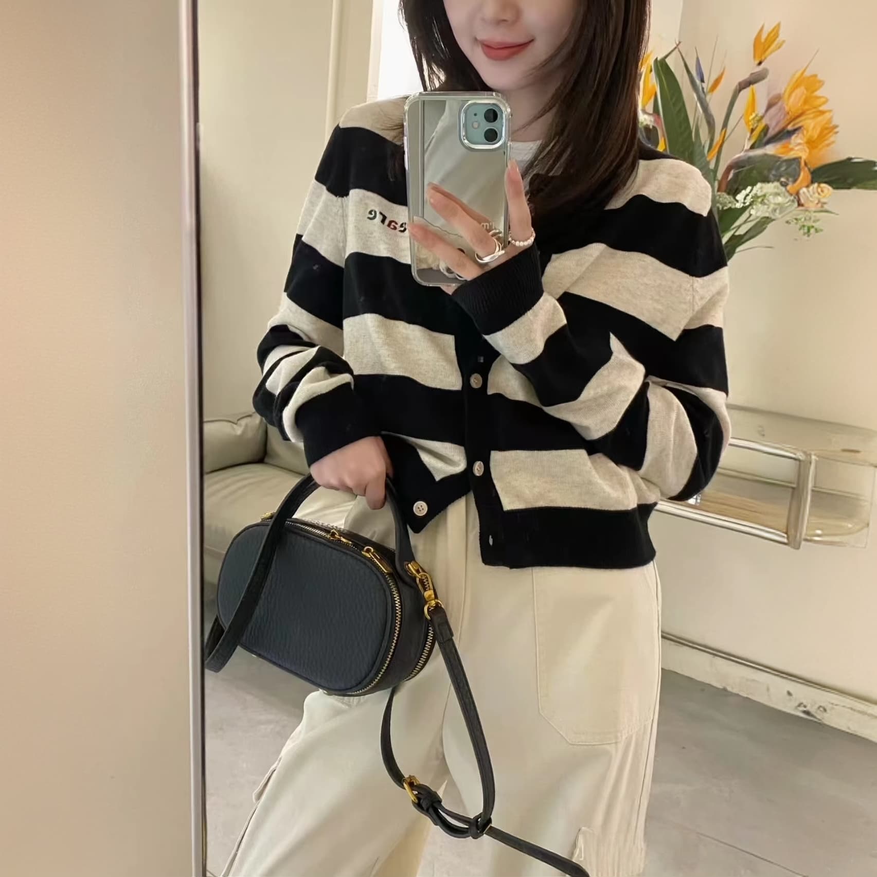 한 부서 배색 스트라이프 긴팔 니트 오픈 가디건 여성 의류 봄 가을 스웨터 코트 루즈핏 쇼트 스타일 맨위 외부 가져 가라. 상세 이미지 2