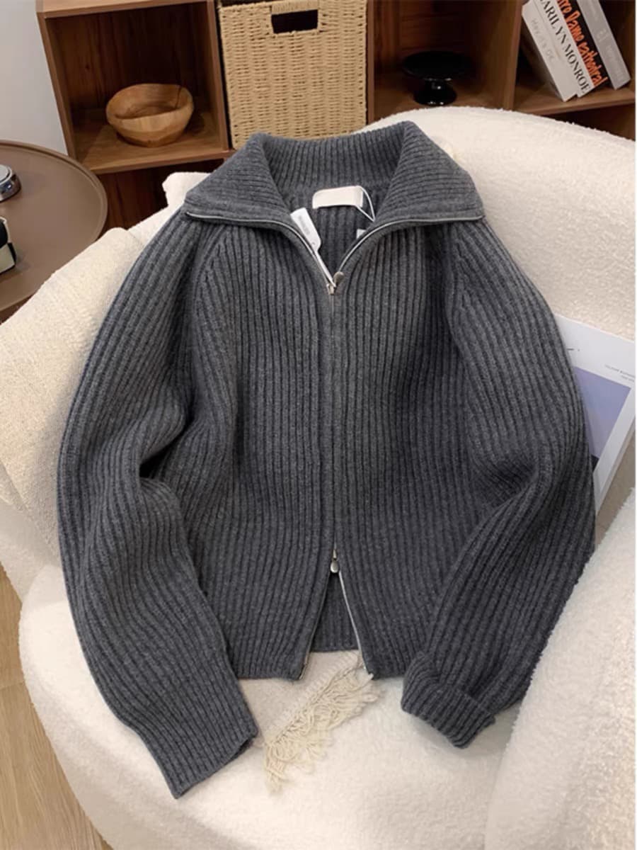 회색 폴로 칼라 너구리 플러시 지퍼 스웨터 여성 코트 가을 겨울 루즈핏 느긋한 겨울 두꺼운 터틀넥 니트 오픈 가디건 상세 이미지 1