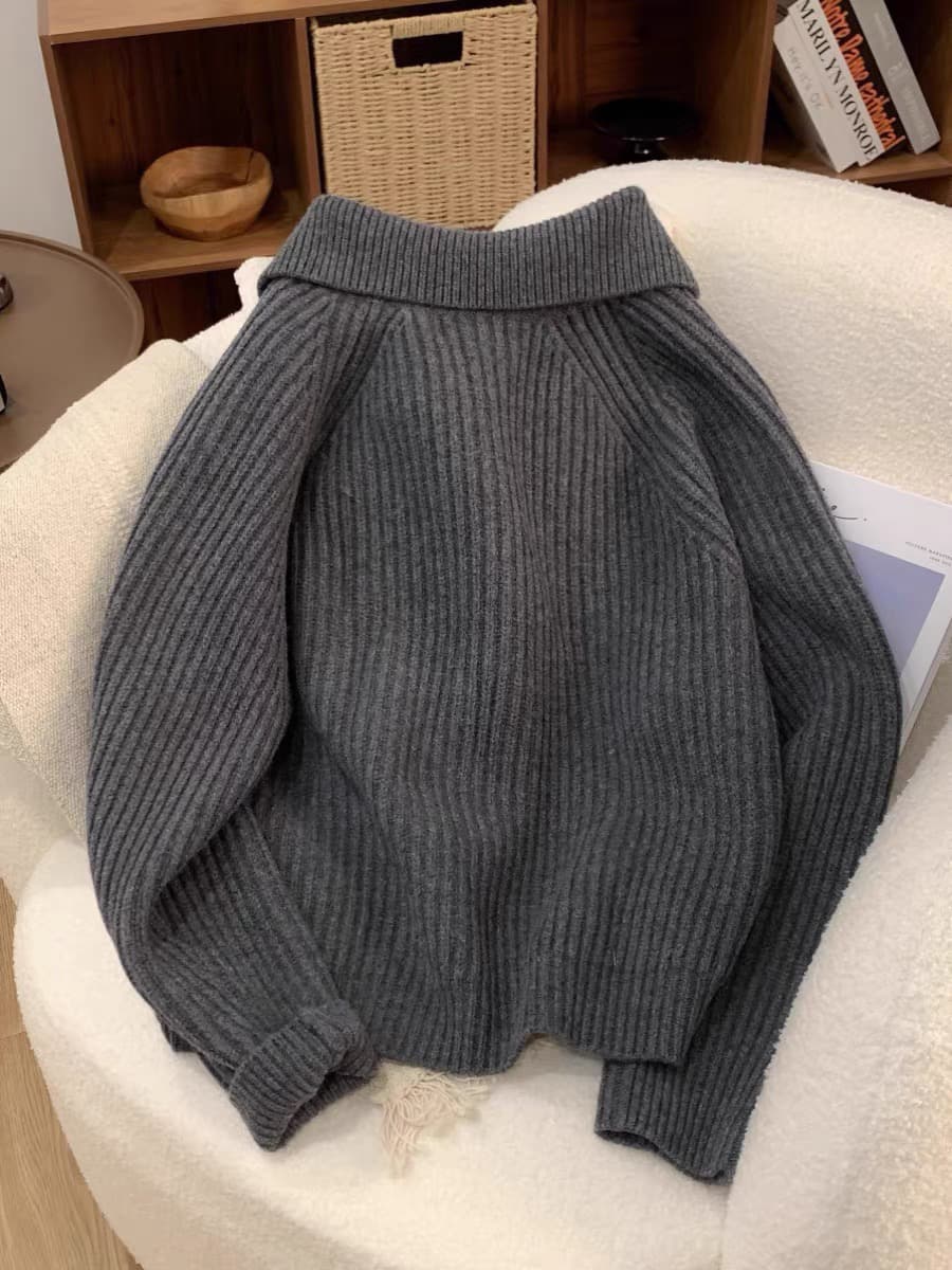 회색 폴로 칼라 너구리 플러시 지퍼 스웨터 여성 코트 가을 겨울 루즈핏 느긋한 겨울 두꺼운 터틀넥 니트 오픈 가디건 상세 이미지 5