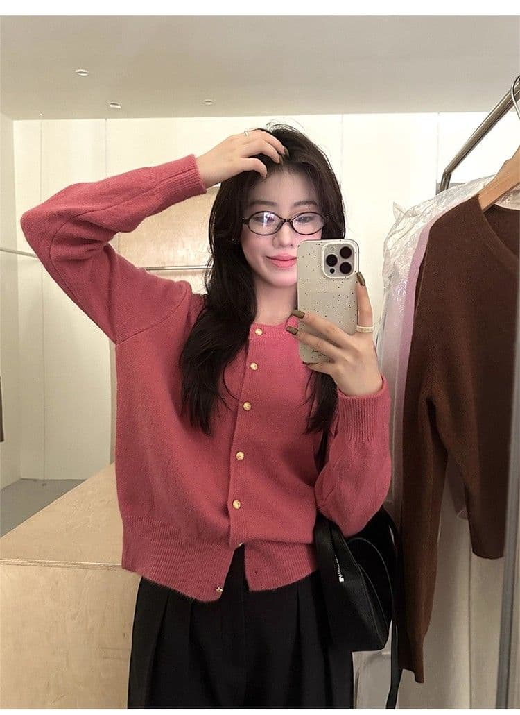 라운드 넥 부드러운 찹쌀 오픈 가디건 스웨터 여성 코트 가을 새로운 캐주얼 슬림해 보이는 단색 싱글 줄 버튼 니트 맨위 상세 이미지 14