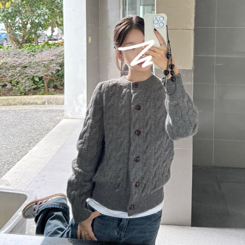 회색 라운드 넥 꽈배기 스웨터 오픈 가디건 여성 코트 가을 겨울철 느긋한 고급 센스 두꺼운 인사이드 가져 가라. 니트 스웨터 맨위 상세 이미지 1