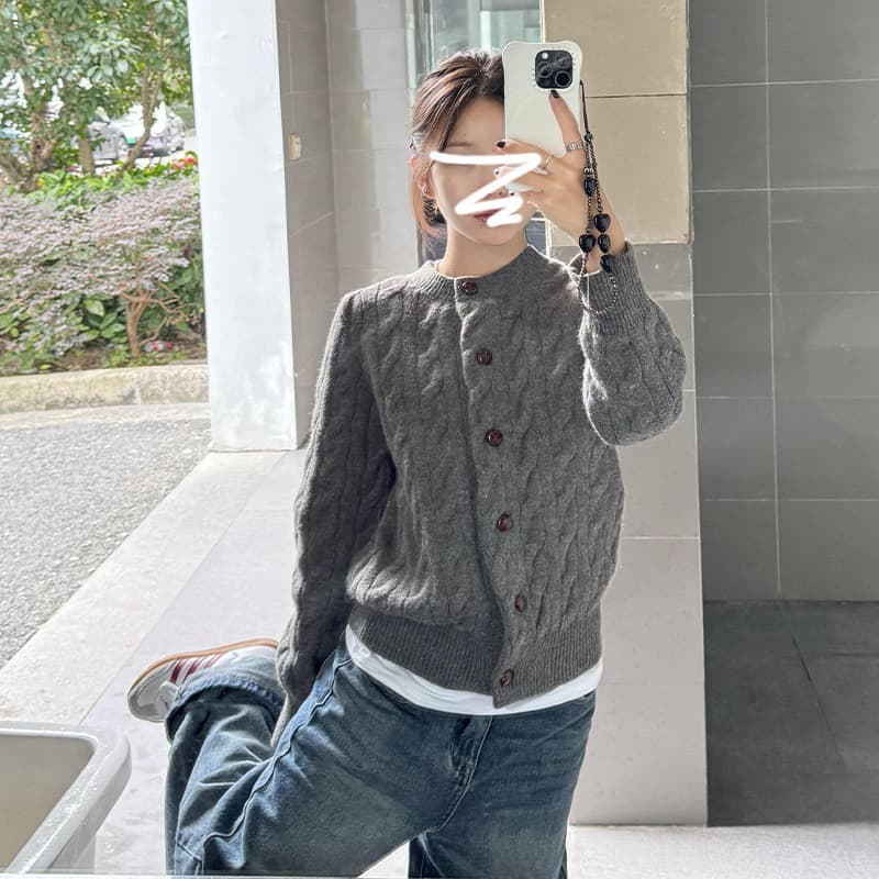 회색 라운드 넥 꽈배기 스웨터 오픈 가디건 여성 코트 가을 겨울철 느긋한 고급 센스 두꺼운 인사이드 가져 가라. 니트 스웨터 맨위 상세 이미지 2