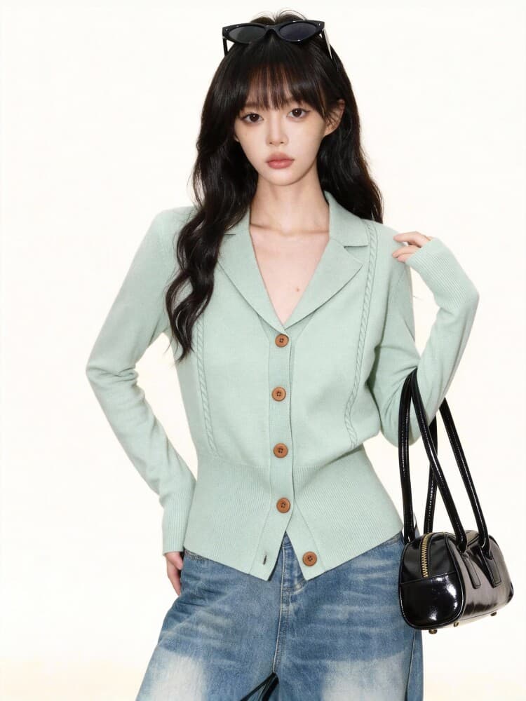 녹색 정장 칼라 니트 오픈 가디건 여성 2026 봄 가을 새로운 고급 센스 몸매 가꾸기 허리 수축 인사이드 가져 가라. 만나는 맨위 이미지 5