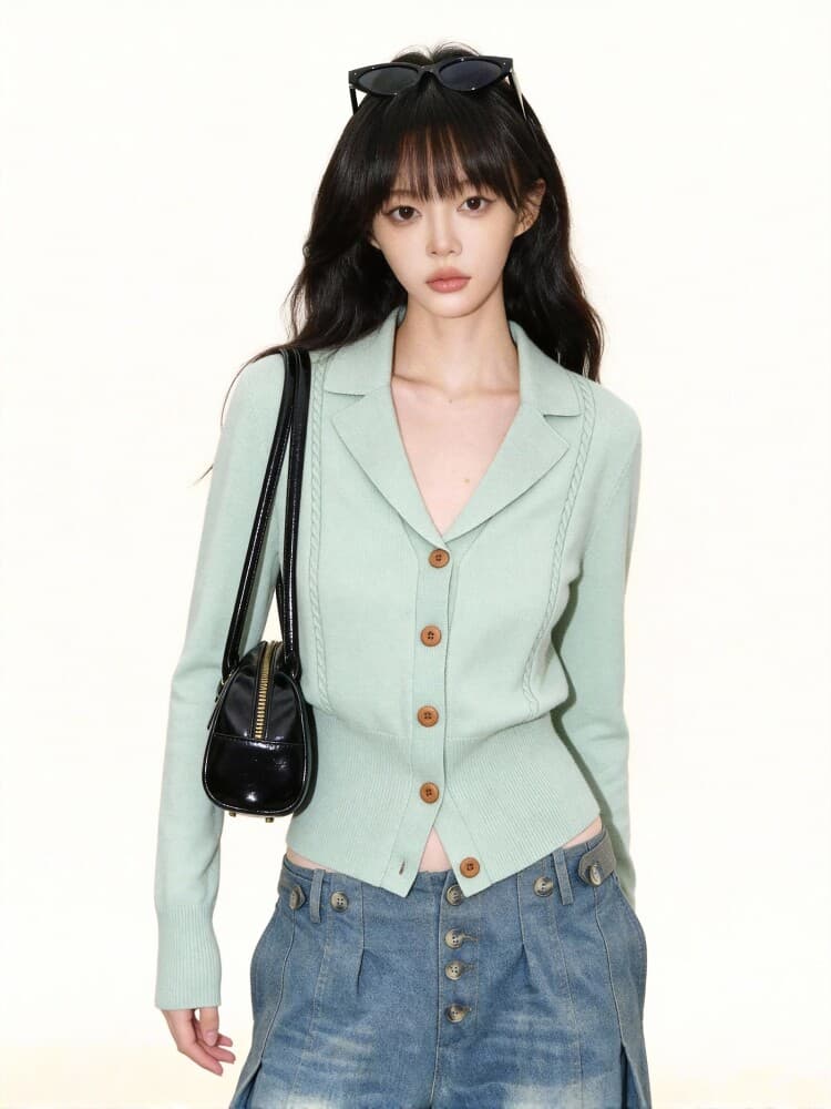 녹색 정장 칼라 니트 오픈 가디건 여성 2026 봄 가을 새로운 고급 센스 몸매 가꾸기 허리 수축 인사이드 가져 가라. 만나는 맨위 이미지 3