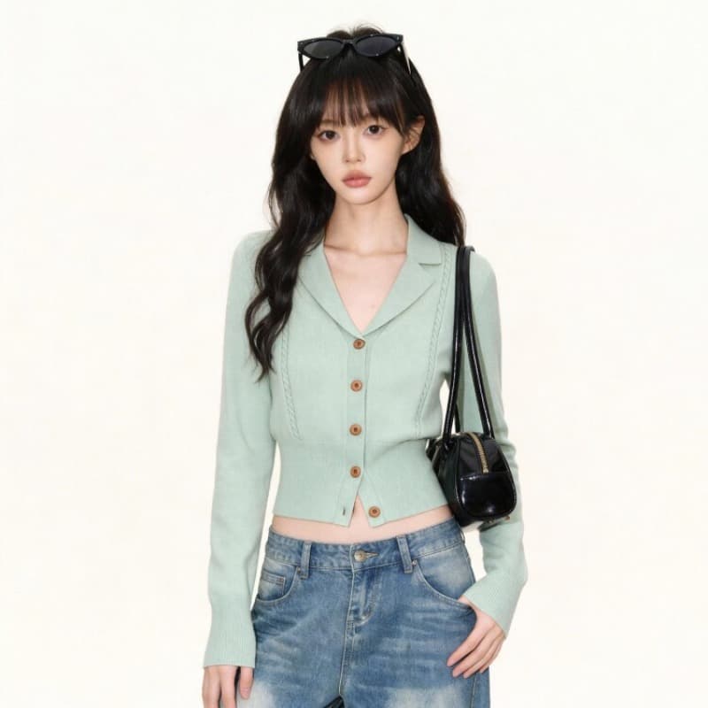 녹색 정장 칼라 니트 오픈 가디건 여성 2026 봄 가을 새로운 고급 센스 몸매 가꾸기 허리 수축 인사이드 가져 가라. 만나는 맨위 이미지 6