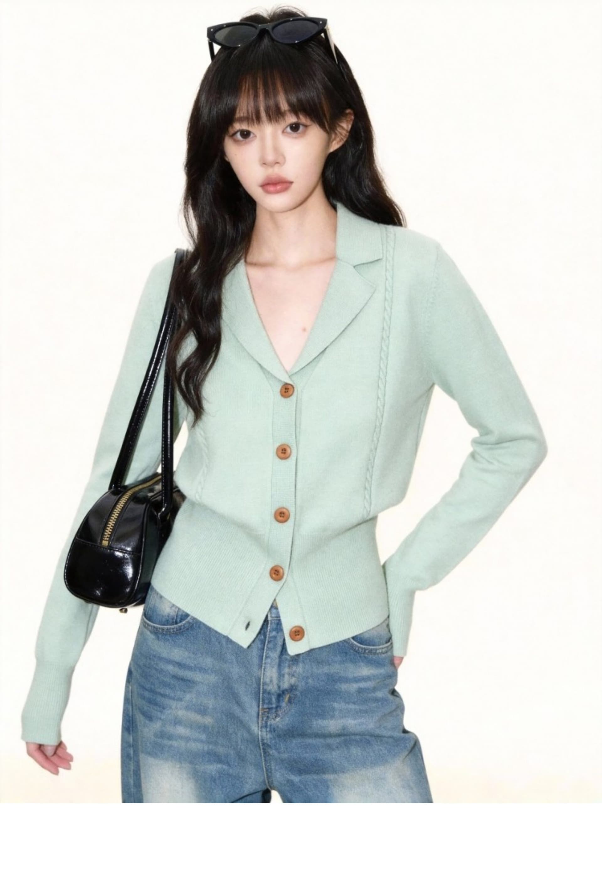 녹색 정장 칼라 니트 오픈 가디건 여성 2026 봄 가을 새로운 고급 센스 몸매 가꾸기 허리 수축 인사이드 가져 가라. 만나는 맨위 상세 이미지 6