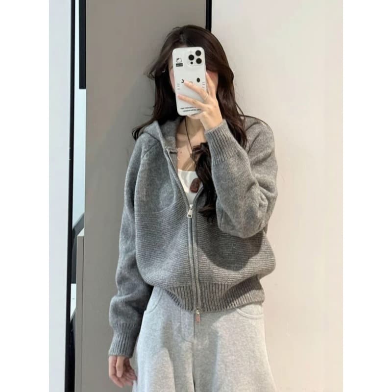한 부서 캐주얼 물결무늬 곡물 더블 지퍼 후드 스웨터 여성 코트 봄 가을 루즈핏 슬림해 보이는 니트 오픈 가디건 맨위 이미지 5
