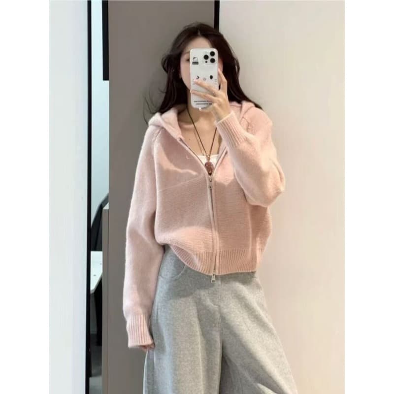 한 부서 캐주얼 물결무늬 곡물 더블 지퍼 후드 스웨터 여성 코트 봄 가을 루즈핏 슬림해 보이는 니트 오픈 가디건 맨위 상세 이미지 3