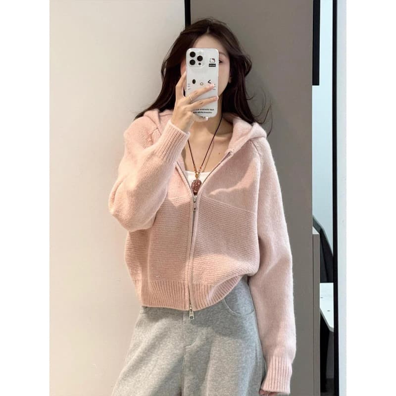 한 부서 캐주얼 물결무늬 곡물 더블 지퍼 후드 스웨터 여성 코트 봄 가을 루즈핏 슬림해 보이는 니트 오픈 가디건 맨위 상세 이미지 5