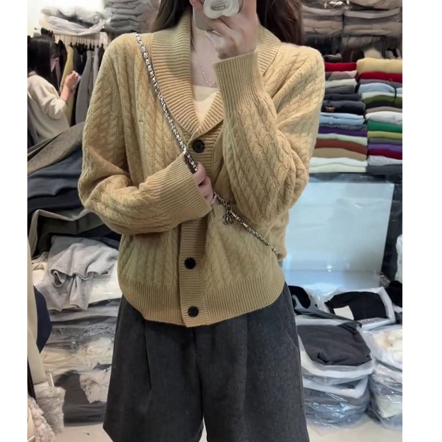 카키 색 폴로 칼라 꽈배기 스웨터 오픈 가디건 여성 코트 겨울 한 부서 착용 가져 가라. 루즈핏 느긋한 고급 센스 니트 스웨터 이미지 4
