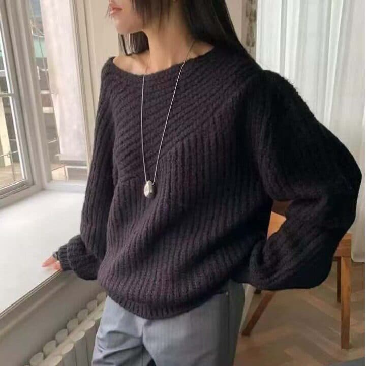 한국 chic 가을 겨울 느긋한 바람 디자인 센스 비스듬한 칼라 오프숄더 풀오버 스웨터 여자 루즈핏 슬림해 보이는 두꺼운 니트 스웨터 이미지 3