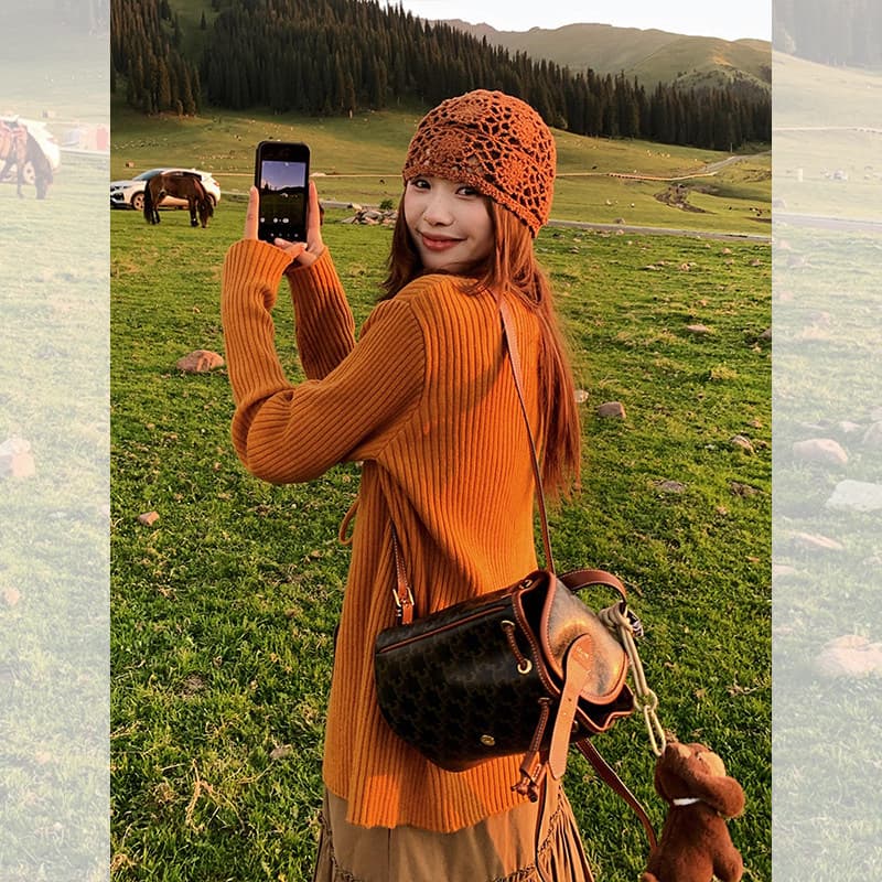 한 부서 레트로 호박 주황색 레이스업 구덩이 기사 니트 오픈 가디건 여성 얇은 스타일 루즈핏 여행 다용도 긴팔 스웨터 코트 이미지 3