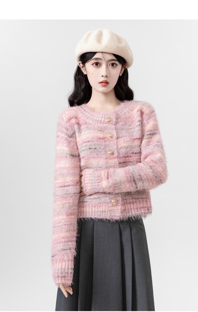 핑크색 라운드 넥 스웨터 여성 코트 봄 가을 2026 새로운 따뜻한 부드럽다 찹쌀 니트 오픈 가디건 작은 키 쇼트 스타일 맨위 상세 이미지 4