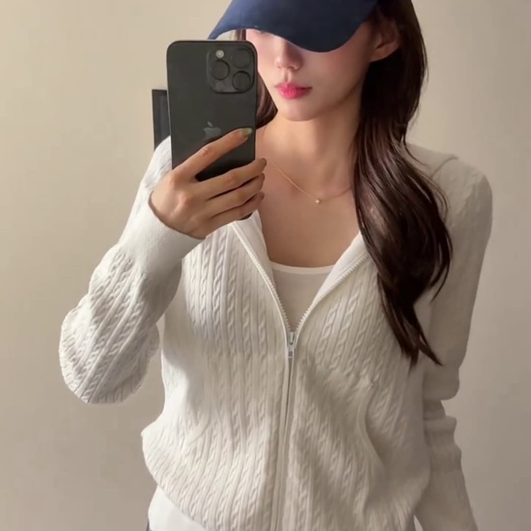 한 부서 새로운 느긋한 바람 화이트 마 무늬 후드 지퍼 니트 오픈 가디건 여성 긴 소매 스웨터 코트 분위기 센스 상세 이미지 1
