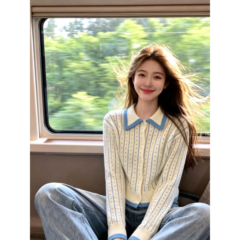보존 섹션 추천 한 부서 스트라이프 폴로 칼라 긴팔 니트 스웨터 여성 가을 새로운 달콤함 품격 다용도 맨위 상세 이미지 1