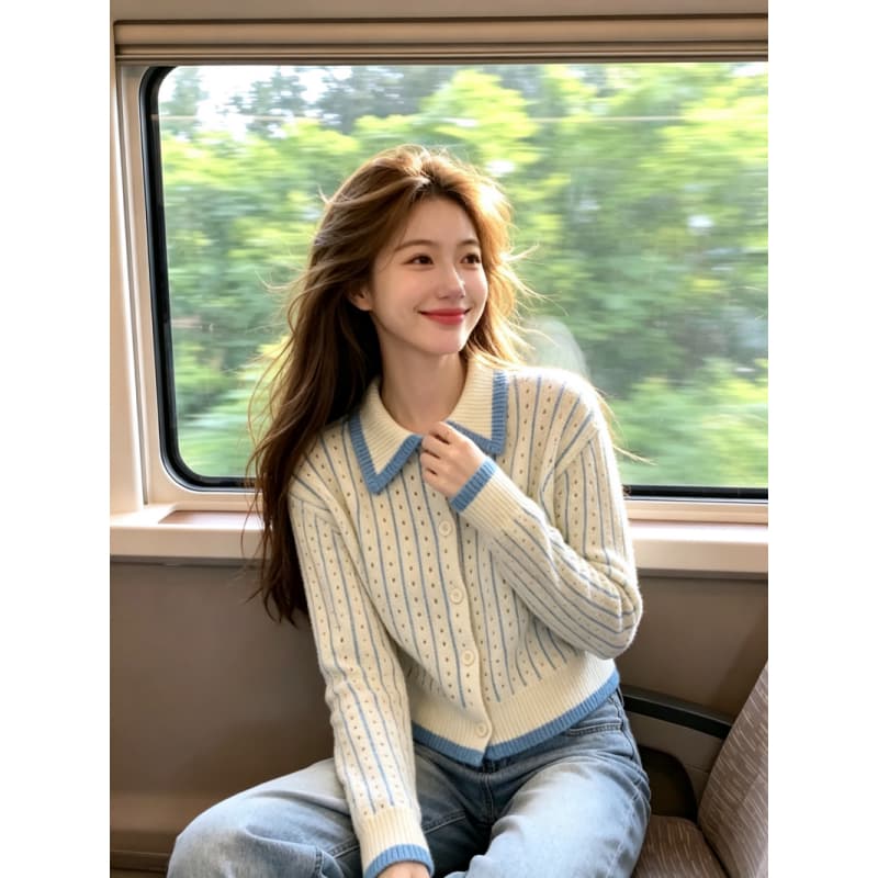 보존 섹션 추천 한 부서 스트라이프 폴로 칼라 긴팔 니트 스웨터 여성 가을 새로운 달콤함 품격 다용도 맨위 상세 이미지 3
