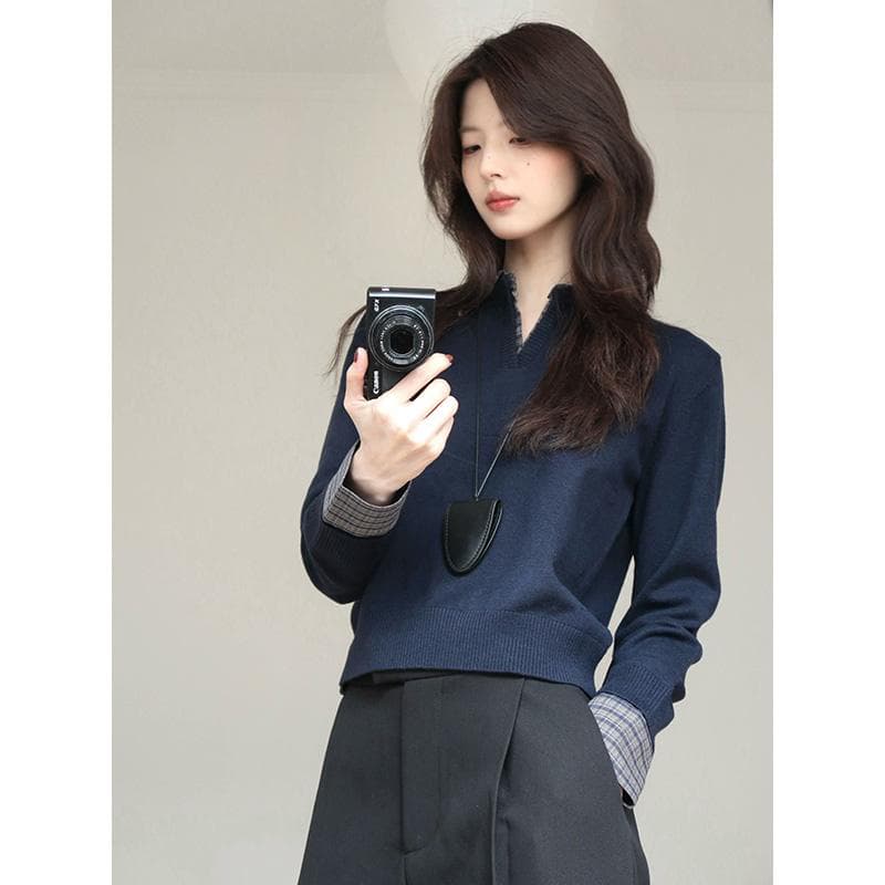 느슨함 센스 체크무늬 페이크 레이어드 니트 스웨터 여성 가을 겨울 착용 가져 가라. 폴로 칼라 스웨터 POLO 셔츠 오래된 돈 바람 인사이드 잡아라. 의류 상세 이미지 1
