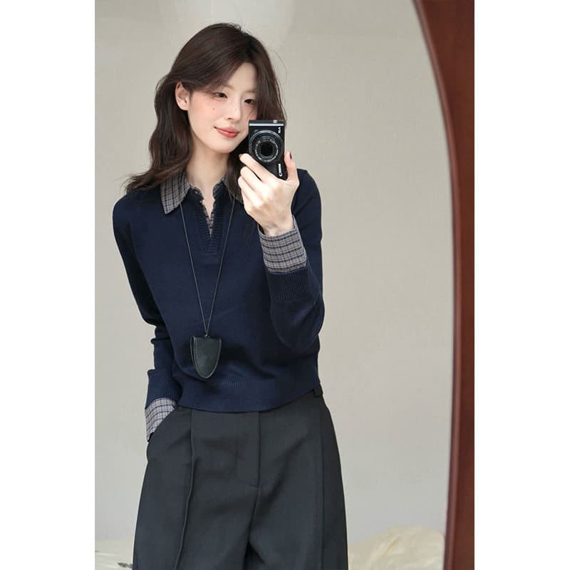느슨함 센스 체크무늬 페이크 레이어드 니트 스웨터 여성 가을 겨울 착용 가져 가라. 폴로 칼라 스웨터 POLO 셔츠 오래된 돈 바람 인사이드 잡아라. 의류 상세 이미지 4