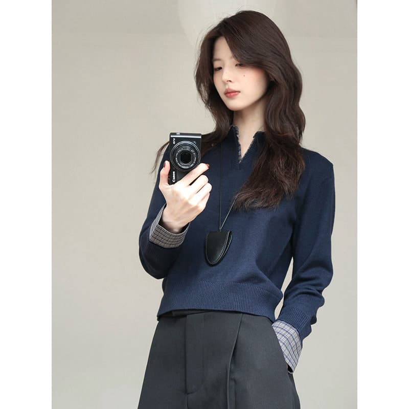 느슨함 센스 체크무늬 페이크 레이어드 니트 스웨터 여성 가을 겨울 착용 가져 가라. 폴로 칼라 스웨터 POLO 셔츠 오래된 돈 바람 인사이드 잡아라. 의류 상세 이미지 5