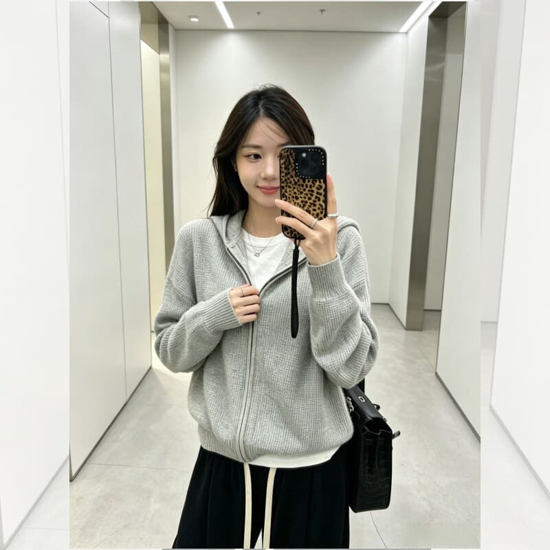 이른 가을 착용 가져 가라. 밝은 회색 색상 지퍼 니트 카디건 코트 여자 가을 의상 두꺼운 지퍼 스웨터 후아 남편 그리드 맨위 상세 이미지 3