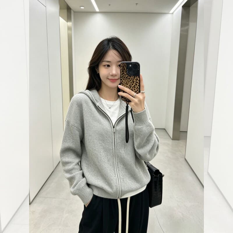 이른 가을 착용 가져 가라. 밝은 회색 색상 지퍼 니트 카디건 코트 여자 가을 의상 두꺼운 지퍼 스웨터 후아 남편 그리드 맨위 상세 이미지 5
