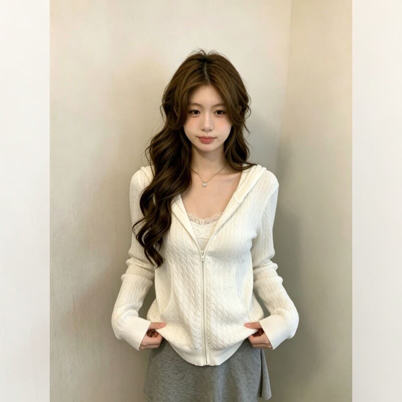 이른 가을 싱글 착용 후드 꽈배기 니트 오픈 가디건 여성 코트 가을 의상 고급 센스 지퍼 스웨터 한 부서 착용 잡아라. 의류 이미지 5