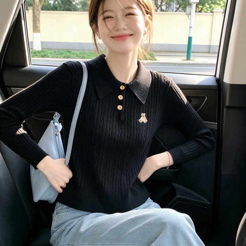 보존 섹션 추천 프랑스식 학원 스타일 작은 곰 자수 맨위 니트 스웨터 여성 가을 겨울 긴팔 POLO 칼라 스웨터 상세 이미지 1
