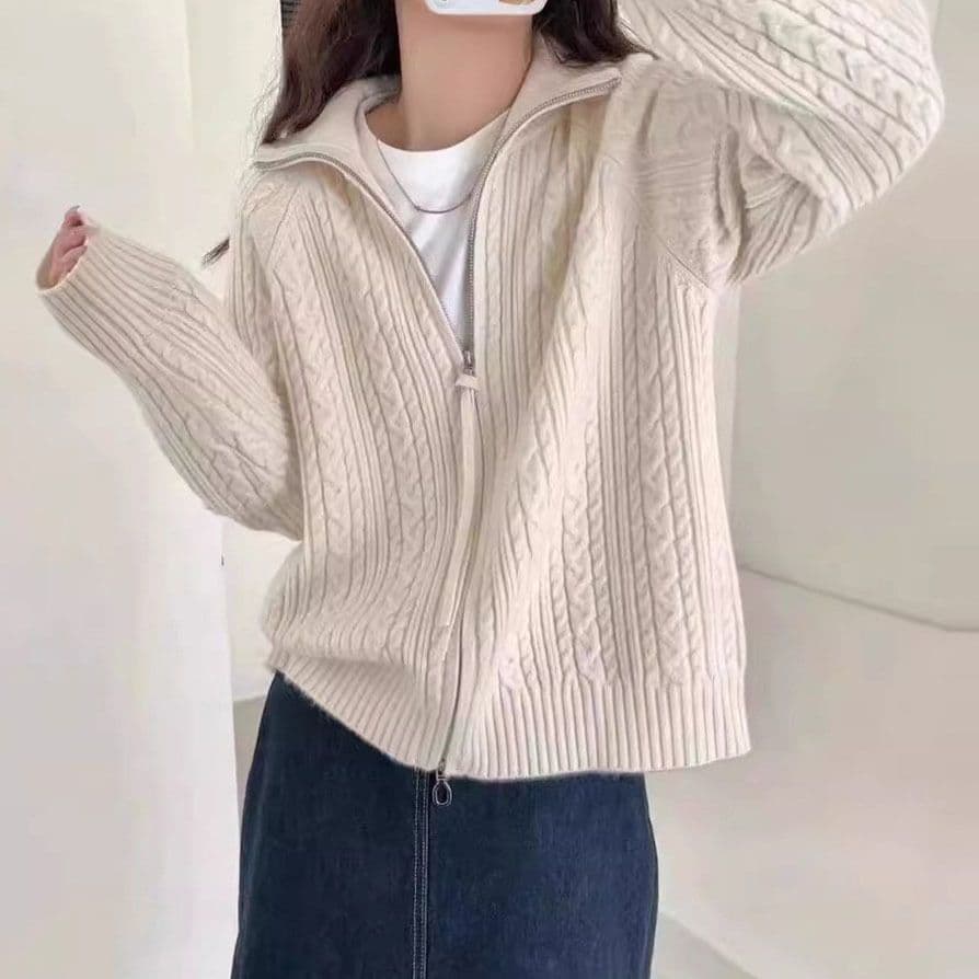 가을 겨울 새로운 더블 지퍼 스웨터 여성 코트 한국 스타일 꽈배기 디자인 센스 스택 바늘 짠 셔츠 재킷 오픈 가디건 상세 이미지 1