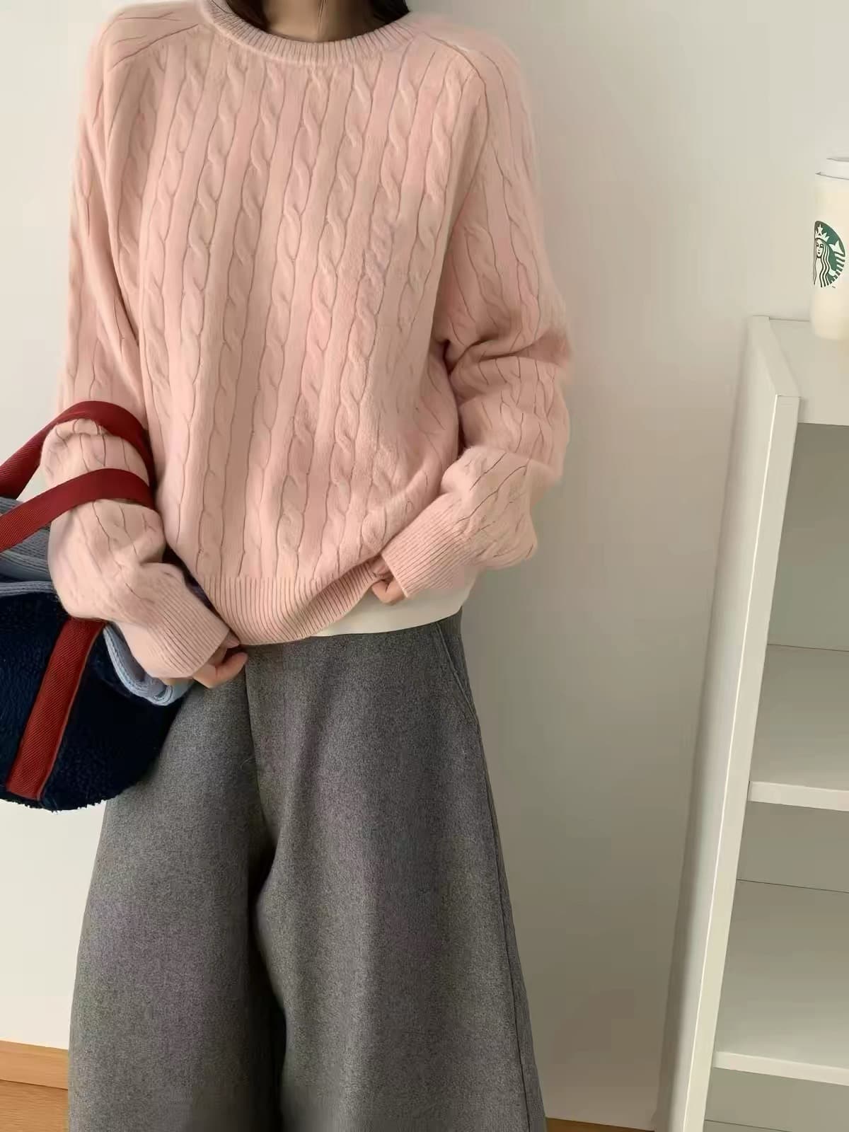 한 부서 클래식 꽈배기 라운드 넥 스웨터 여자 가을 겨울 의류 새로운 루즈핏 풀오버 니트 스웨터 단색 슬림해 보이는 기본 셔츠 상세 이미지 1