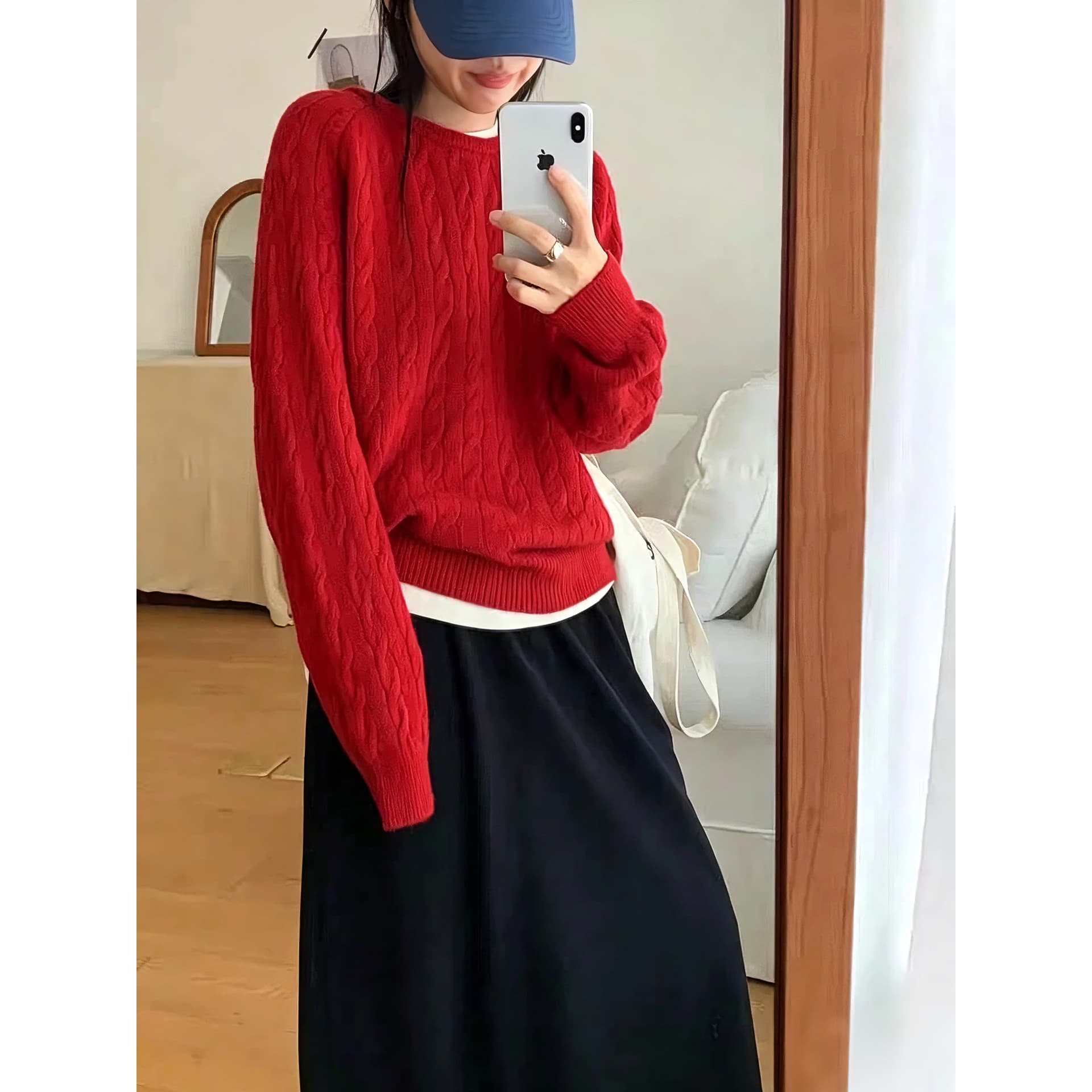 한 부서 클래식 꽈배기 라운드 넥 스웨터 여자 가을 겨울 의류 새로운 루즈핏 풀오버 니트 스웨터 단색 슬림해 보이는 기본 셔츠 이미지 5