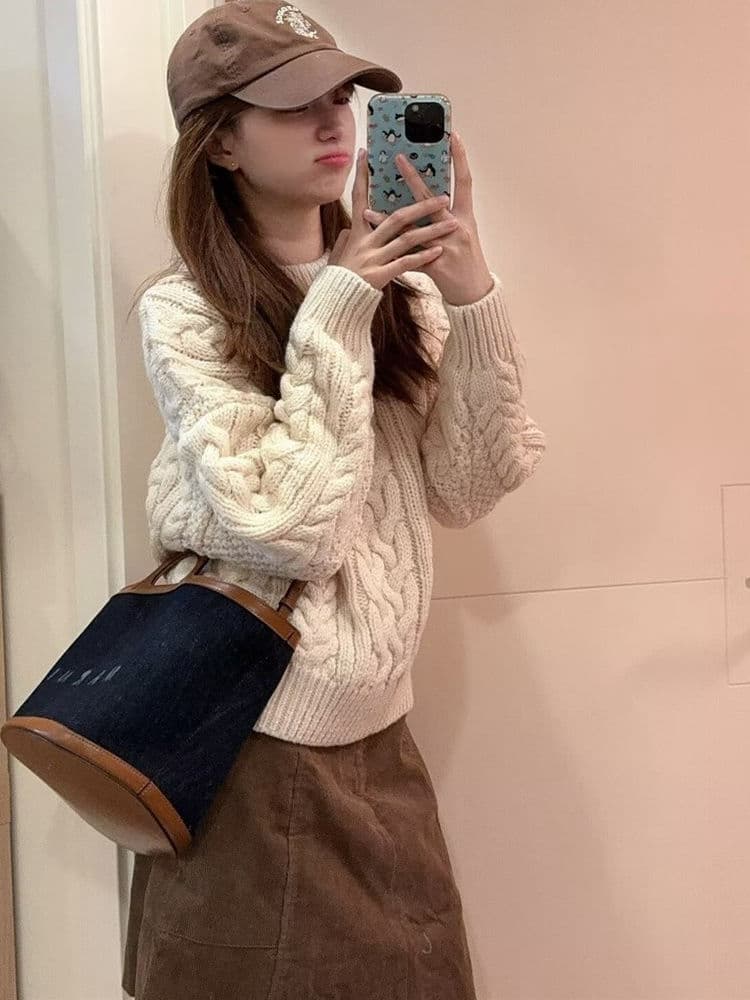 일본식 레트로 두꺼운 선 꽈배기 풀오버 스웨터 여자 가을 겨울철 루즈핏 느긋한 고급 센스 인사이드 가져 가라. 만나는 니트 스웨터 이미지 2