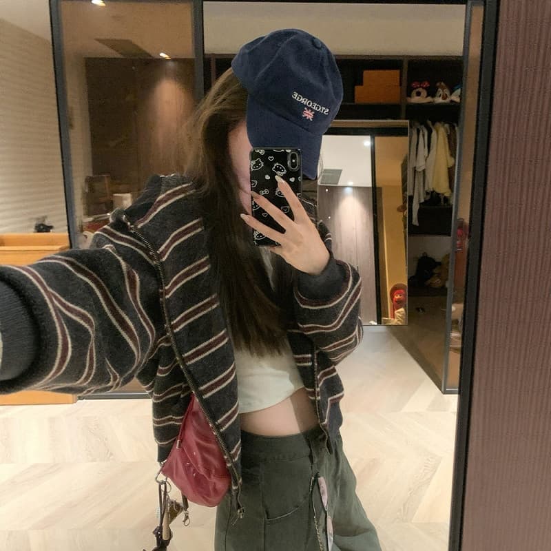 아메리칸 레트로 스트라이프 후드 티 스웨터 지퍼 스웨터 여성 코트 가을 디자인 센스 작은 대중 니트 오픈 가디건 맨위 상세 이미지 2