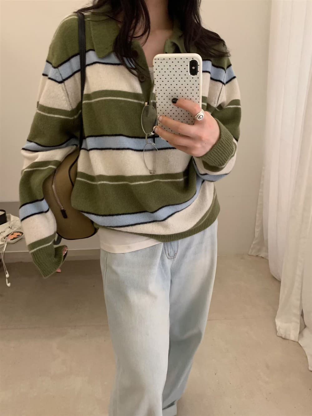한 스타일 새로운 배색 스트라이프 POLO 칼라 가을 스웨터 여자 풀오버 긴팔 루즈핏 니트 스웨터 레트로 맨위 상세 이미지 6