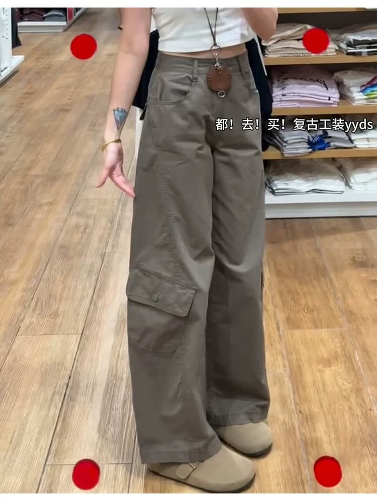 카키 아메리칸 워크웨어 와이드 레깅스 바지 가을 겨울 2026 새로운 하이웨이스트 레트로 디스플레이 슬림 거리 디자인 센스 캐주얼 바지 상세 이미지 6