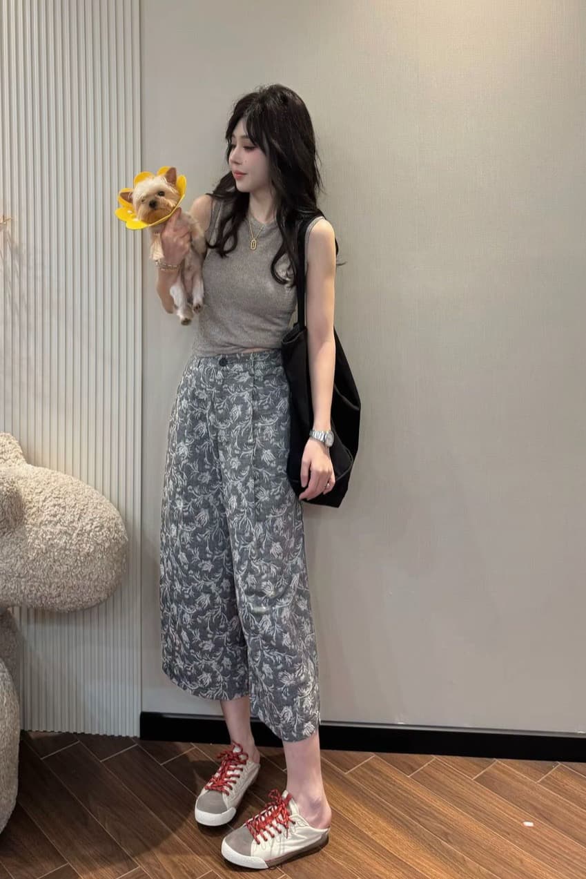 라운드 넥 민소매 몸매 가꾸기 슬림해 보이는 다용도 조끼 맨위 패션 꽃 하이웨이스트 슬림해 보이는 허리밴드 넓은 다리 캐주얼 바지 상세 이미지 5
