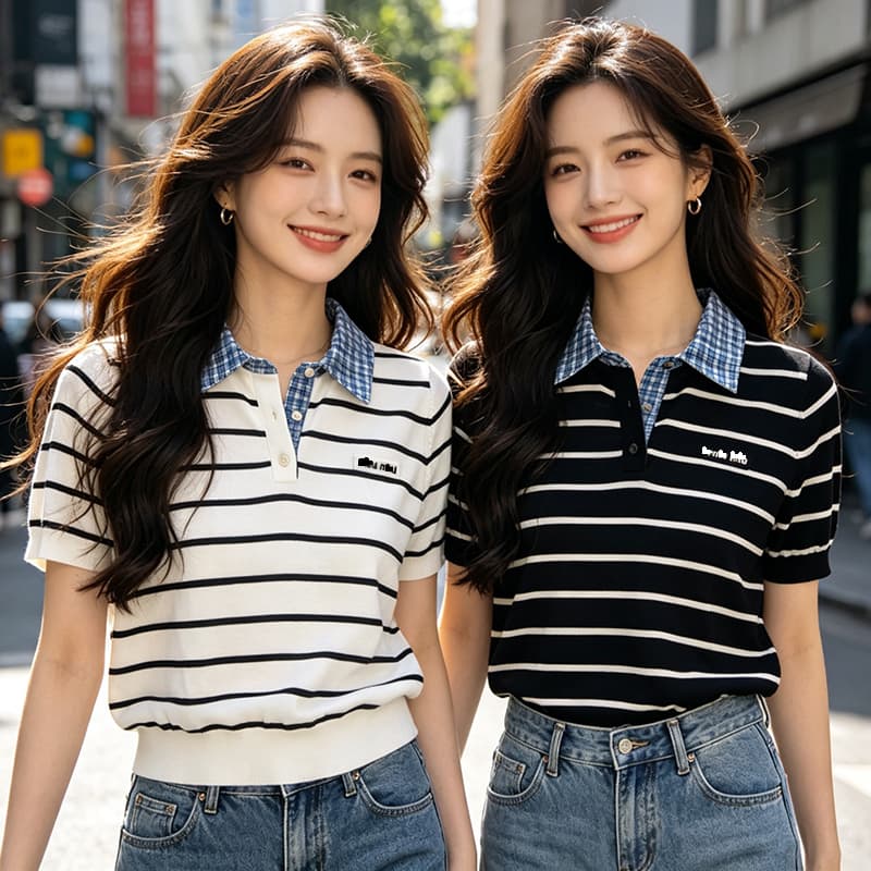 실사 한 부서 m 부서 폴로 칼라 패치워크 스트라이프 니트 스웨터 반팔 티셔츠 여성 셔츠 여름 새로운 반팔 이미지 5
