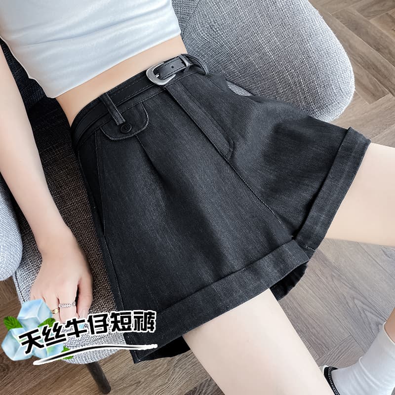 실사 주간 실크 부드러운 데님 볼륨 측면 디자인 센스 루즈핏 슬림해 보이는 캐주얼 바지 여성 하이웨이스트 넓은 다리 한 마디 반바지 이미지 2