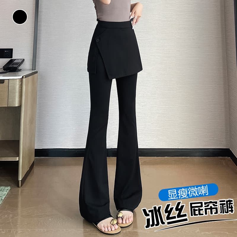 실사 2026 아모이 페이크 레이어드 랩스커트팬츠 부츠컷 바지 여성 하이웨이스트 슬림해 보이는 다용도 캐주얼 바지 바닥 청소 나팔 바지 이미지 4