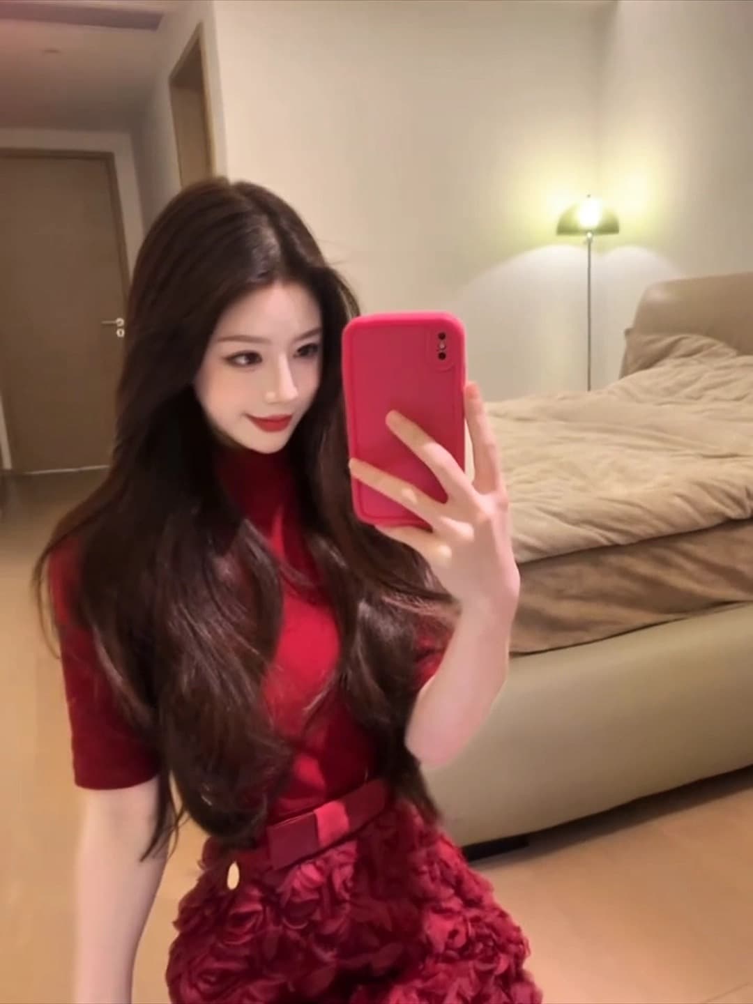 프랑스식 빨간색 무거운 작업 장미 치마 여성 드레스 품격 한 마디 예복 롱 스커트 이미지 3