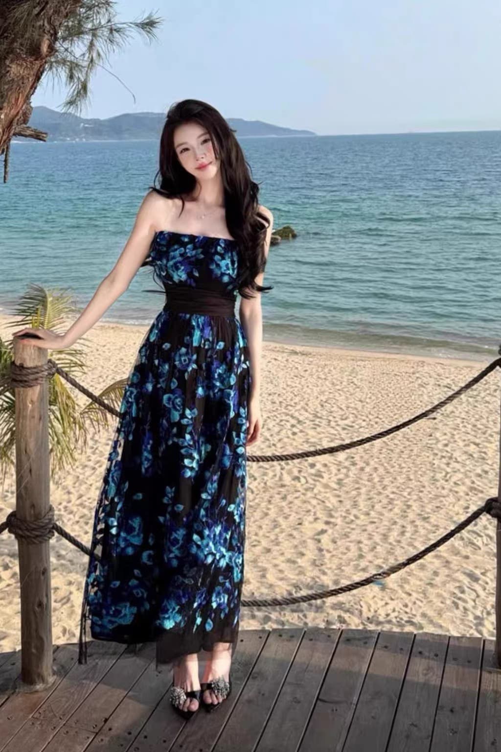 프랑스식 파란색 꽃무늬 망사 튜브탑 여성 드레스 여름 해변가 휴가 바람 품격 허리 수축 생일 길다 치마 이미지 6