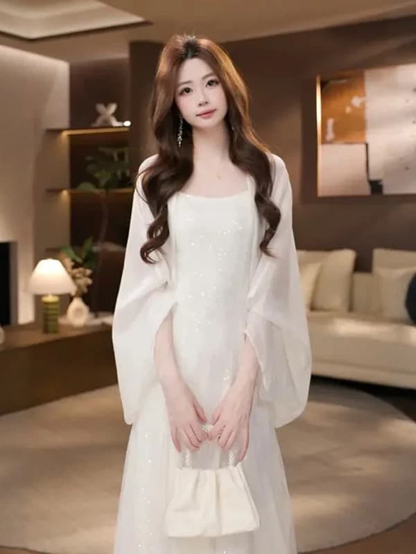 덩 여섯 프랑스식 우아함 품격 쌀 살구 색상 망사 슬립 여성 드레스 허리 수축 슬림해 보이는 해변가 휴가 롱 스커트 이미지 4