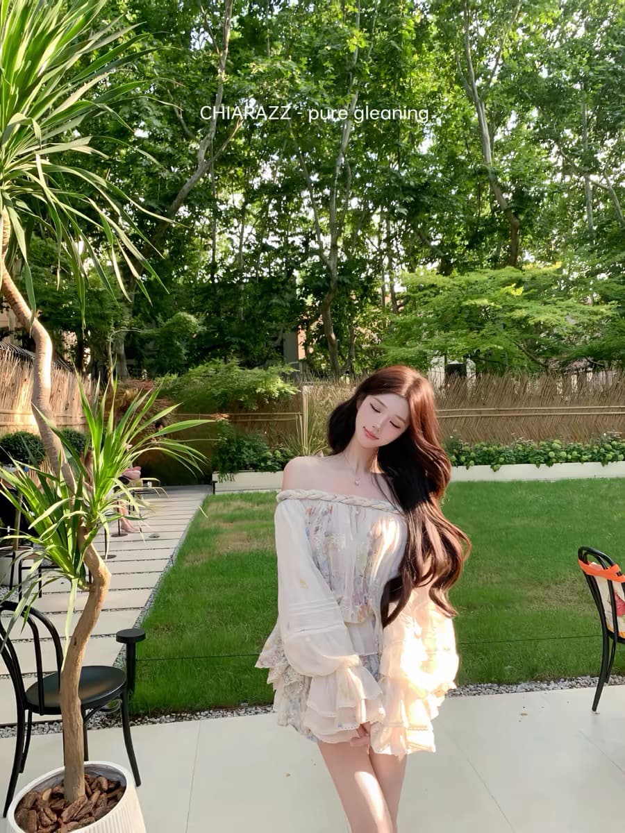 수영장 자오 짜오 26ss 남쪽 법 꽃 다이안 z1m 꽃무늬 자수 꽈배기 오프숄더 셔츠 반 스커트 세트 그룹 이미지 2