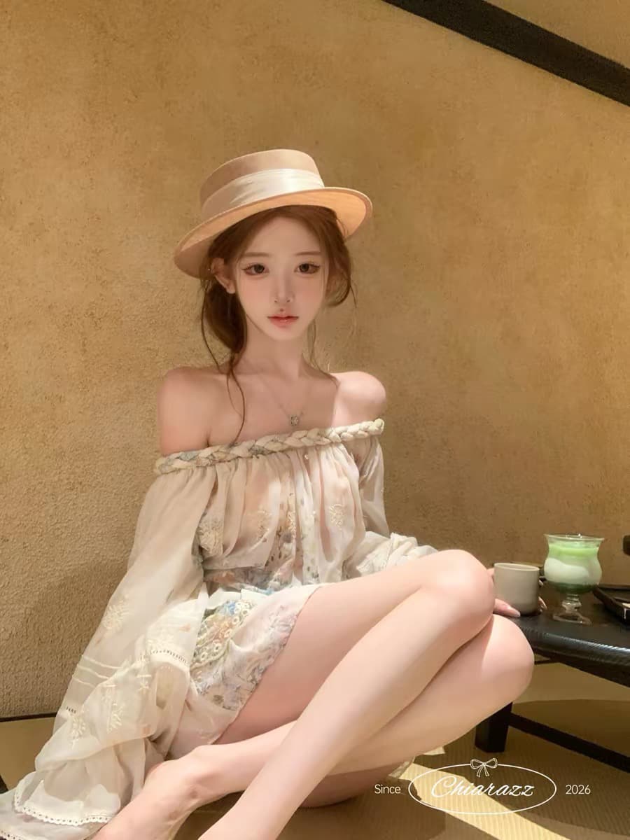 수영장 자오 짜오 26ss 남쪽 법 꽃 다이안 z1m 꽃무늬 자수 꽈배기 오프숄더 셔츠 반 스커트 세트 그룹 이미지 3