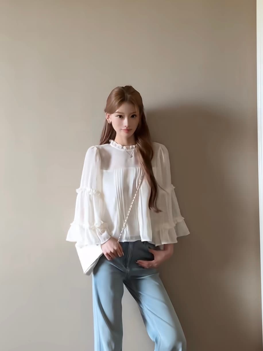 프랑스식 화이트 레이스 나팔 소매 여성 셔츠 조기 가을 아름다운 루즈핏 캐주얼 품격 8 점 소매 쉬폰 톱 상세 이미지 2